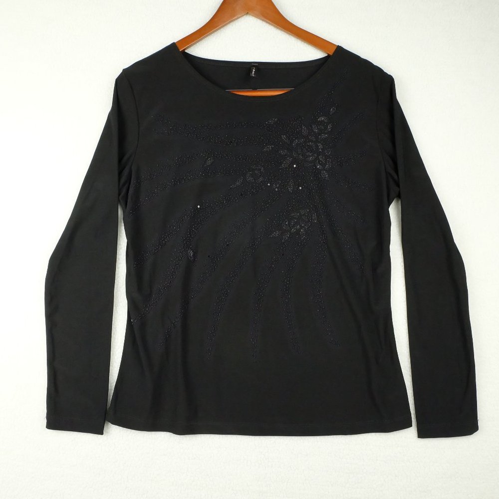 Vintage Womens Shirt Top Large Black Floral Beaded Lightweight Stretchy 90s